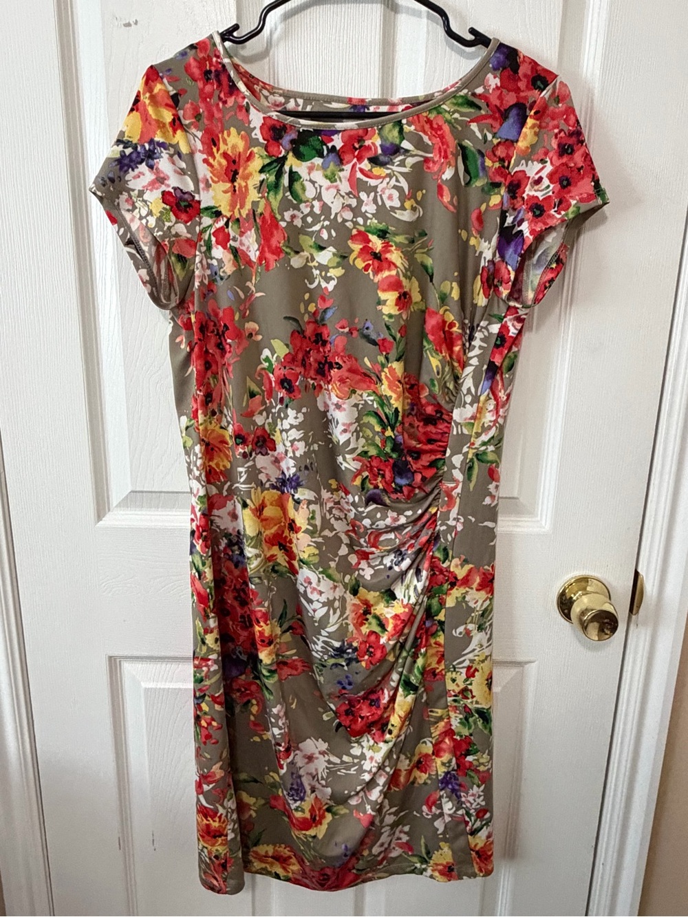 Emma & Michele Taupe Floral Ruched Short Sleeve Dress with Red and Yellow Blooms